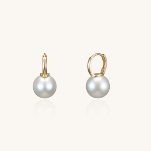 14K Solid Gold Pearl Drop Hoop Earrings, 14k Gold 10mm Pearl Hoop Earrings, Swalovski Pearls, Perfect Gift for Her, Everyday use
