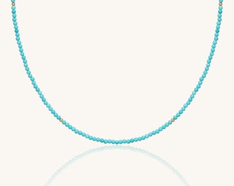 14K Solid Gold Turquoise Beaded Necklace: Delicate Everyday Jewelry