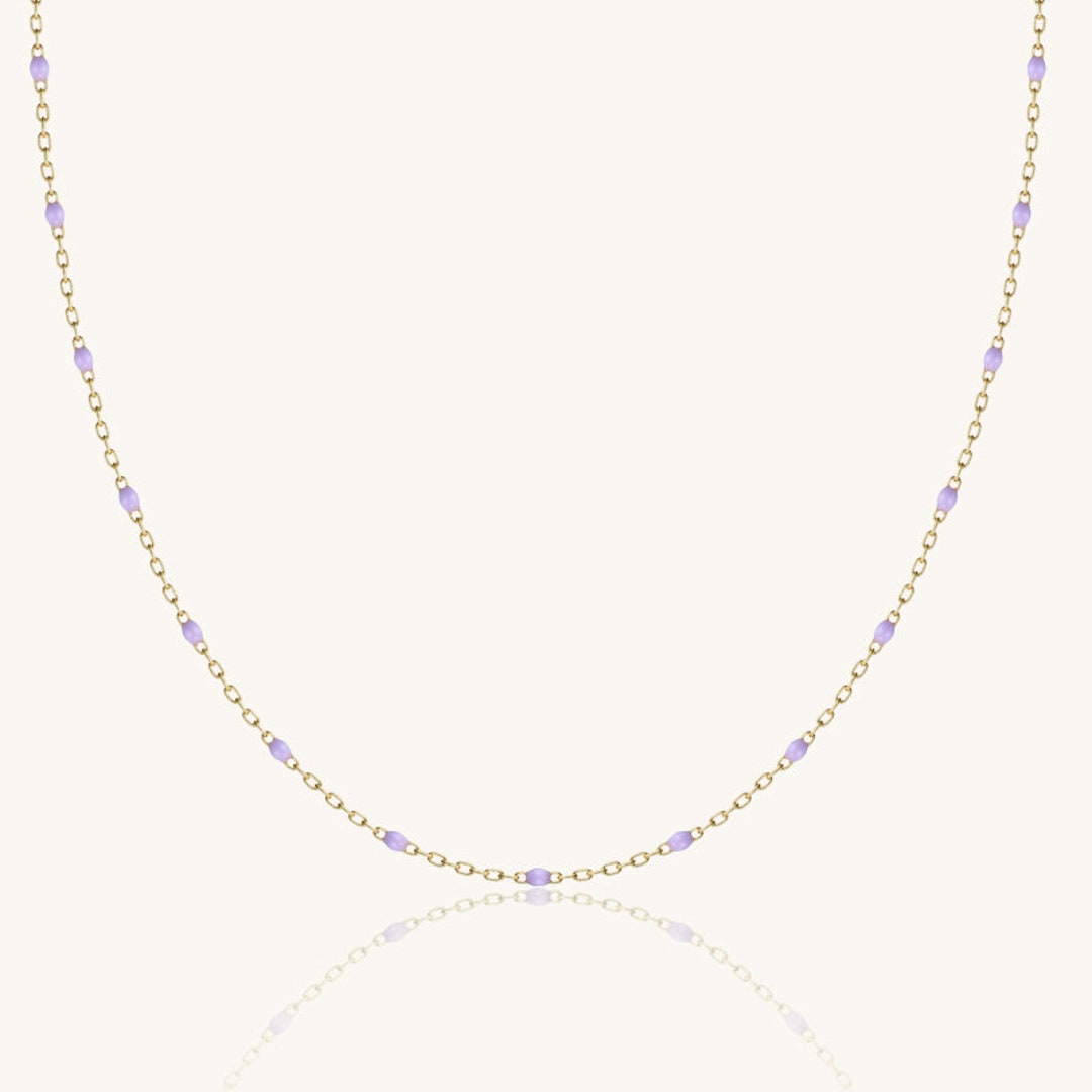 14K Solid Gold Lavender Chain Necklace, 14k Gold Epoxy Chain Necklace