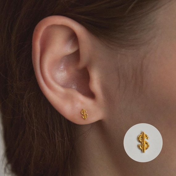 24K Solid Gold Dollar Sign Stud Earring