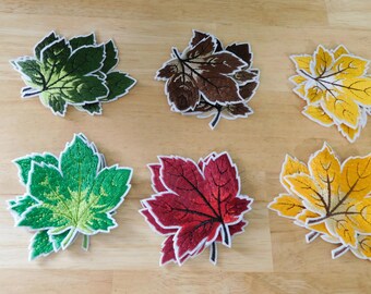 Embroidered Iron-On Patch, Maple Leaves, 3" x 2.75" (leaf trees red gold green yellow fall autumn nature)