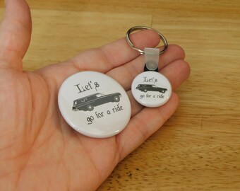 Hearse Large Button, Keychain (1.75 inch death funeral goth gothic metal vintage car black white dead halloween stocking stuffer small gift)