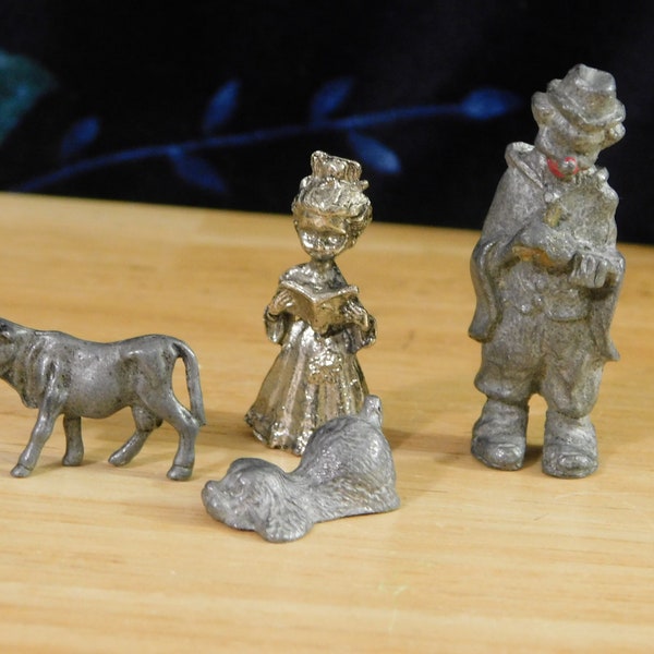 Vintage Lot of Miniature Pewter Figurines.  1" to 2.25" Choir girl, clown, dog, cow (animals mixed shadow box minis found object small farm)