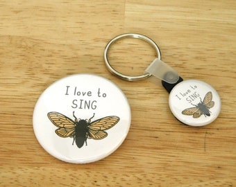 Cicada Large Button, Keychain (1.75 inch love sing cottagecore goblincore insect 17 year goblin cottage bug cute stocking stuffer small gift