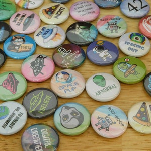 Sci-Fi 1&quot; Button Blind Bags (cyberpunk, science fiction, aliens, flying saucer, astronaut outer space gift stocking stuffer kid friendly)