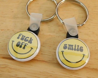 Sarcastic Smilies Keychains (retro vintage smile emoji f*ck off yellow classic 60s 70s 90s hippie stocking stuffer small gift)