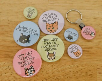Socialist Cats Button Sets, Keychains (socialism kittens gift stocking stuffer 1 in left lefty politics slogan pinback stocking)