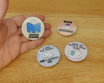 Book Lover Cat Buttons, 1.75" large (white kitten read reading reader curl up with mixed teacher student school slogan pinback stocking)