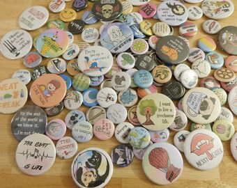 5 pc Mixed Size Button Blind Bags, 1" and 1.75" U PICK THE THEME (stocking stuffer small gift pinback pin goth fantasy sci-fi funny novelty)