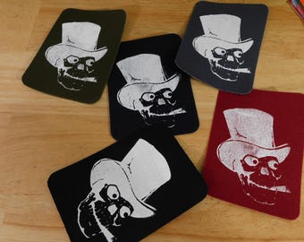 Hand Silk-Screened Iron-On Patch, Top Hat Skull, 4" x 3" (punk alternative retro classic skeleton hot rod)