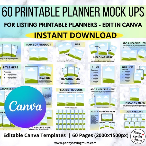 60 Printable Planner Etsy Listing Digital Mock Up Templates, Editable in Canva, Blue and Yellow Version