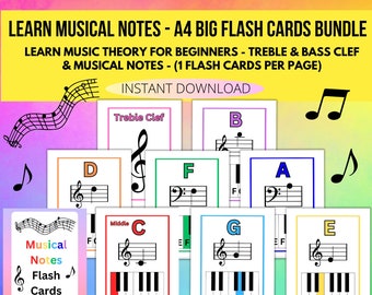 Music Theory, Musical Note Flash Cards, treble bass clef, learn piano, keyboard notes, beginner musician, music student printable 1 per page