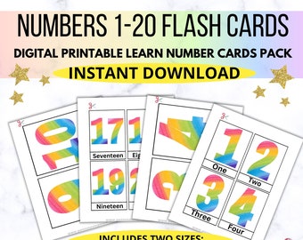 Learn Numbers 1-20, Flash Card Numbers, Learn Counting Numbers, Preschool Numeracy, Digital Printable Activity for Children, Rainbow Version
