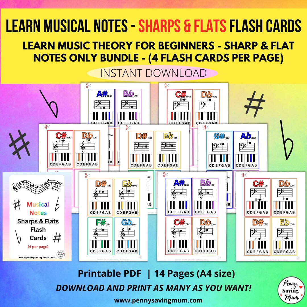 Music Theory, Musical Note Flash Cards, Sharps & Flats, Treble Bass