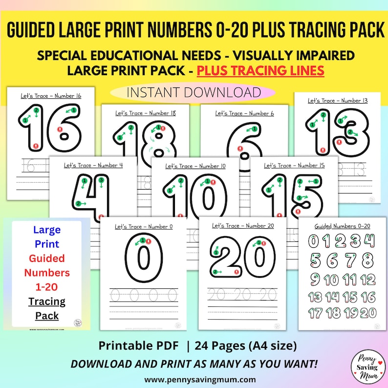 Large Print, Guided Number Tracing, Maths Worksheets 020, Digital