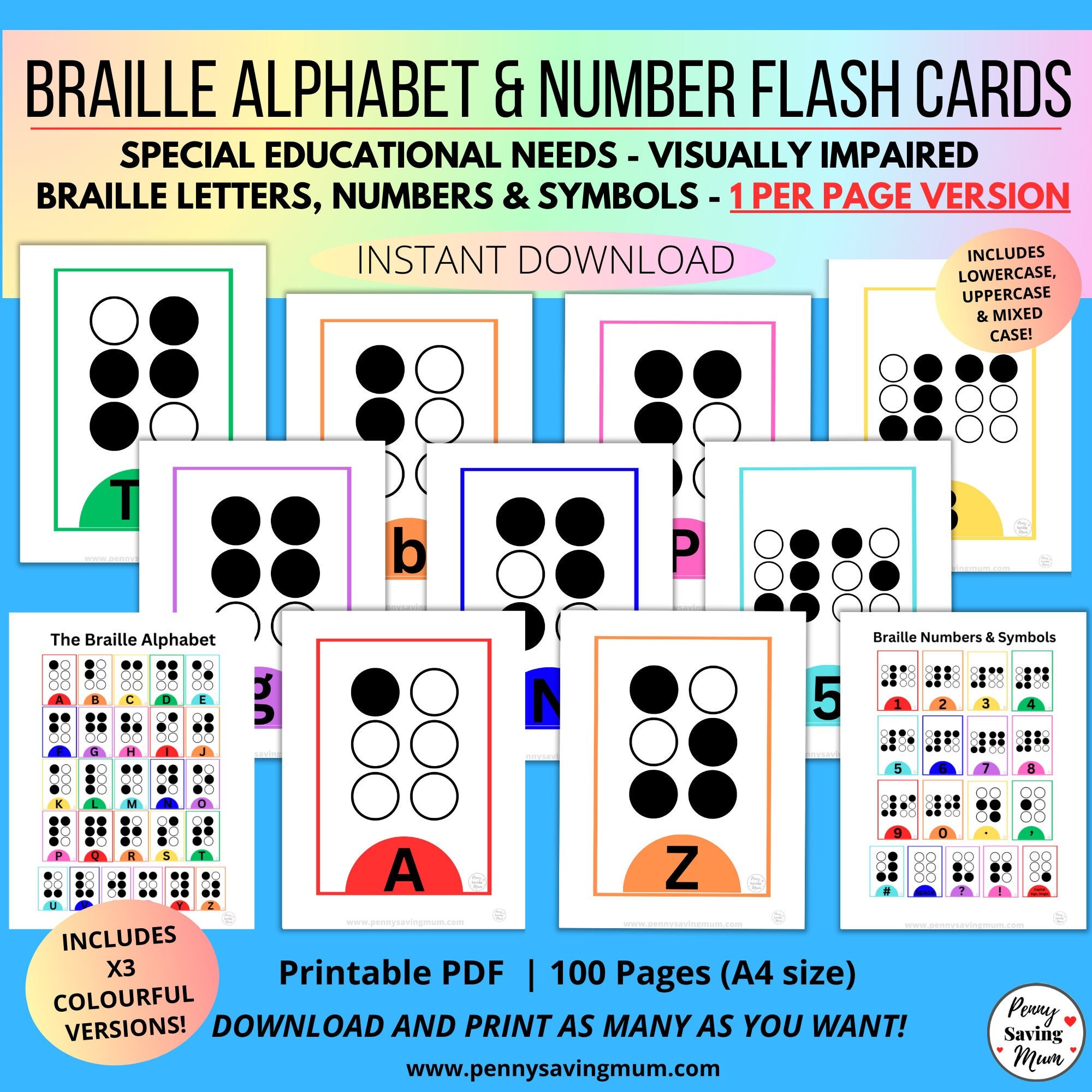 Braille Alphabet Flash Cards, Learn Braille Numbers, Special