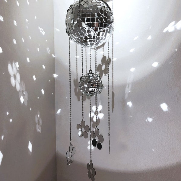 Blumen Disco Mobile | Retro Groovy Spiegelbehang | Spinning Disco Suncatcher