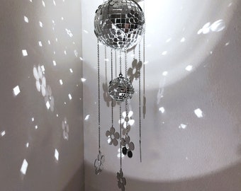 Flower Disco Mobile | Retro Groovy Mirror Hanging | Spinning Disco Suncatcher