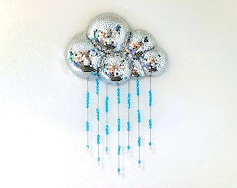 Disco Rain Cloud | Beaded Mirror Wall Hanging | Funky Maximalist Pop Art | Dopamine Decor