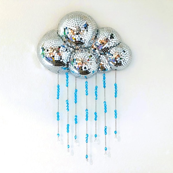 Disco Rain Cloud / Specchio da parete con perline / Pop art funky massimalista / Decorazione Dopamine
