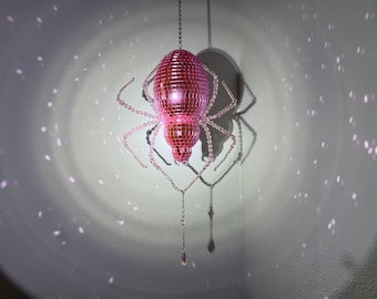Disco Spider | Pink Black Widow Suncatcher | Spooky Insect Ornament | Maximalist Mirror Bug