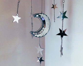 Disco Moon and Stars Mobile | Celestial Mirror Art | Funky
