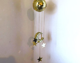 Gold Disco Mobile | Celestial Mirror Moon and Star | Spinning Disco Suncatcher | Funky Maximalist Art