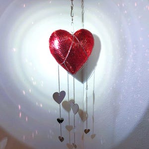 Disco Heart Mobile | Funky Hanging Mirror Art | Red Heart Decor | Maximalist Suncatcher
