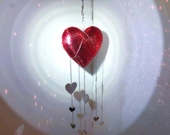 Móvil de corazón disco / Espejo colgante moderno / Decoración de corazón rojo / Atrapasueños maximalista