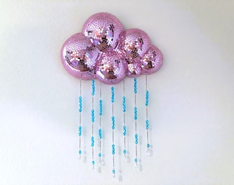 Nube de lluvia disco rosa / Espejo colgante con cuentas / Arte pop maximalista y original / Decoración dopaminérgica