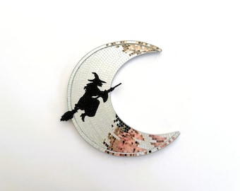 Disco Crescent Moon Witch: Spooky Glitter Silhouette Wall Art
