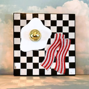Huevos y tocino estilo disco / Decoración de comida divertida a cuadros / Desayuno pop art maximalista en 3D
