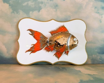 Disco Mounted Fish | Mirror Ball Goldfish | Funky Maximalist Art | Boho Dopamine Decor