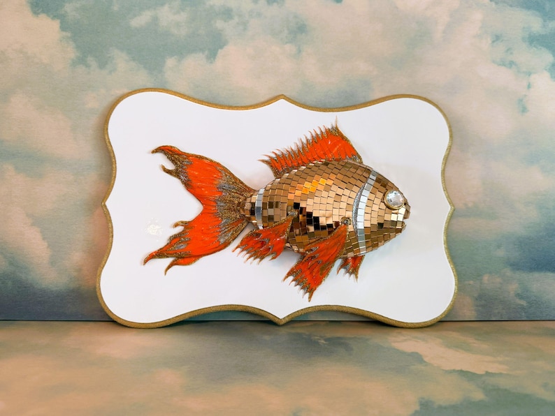 Disco Mounted Fish | Mirror Ball Goldfish | Funky Maximalist Art | Boho Dopamine Decor