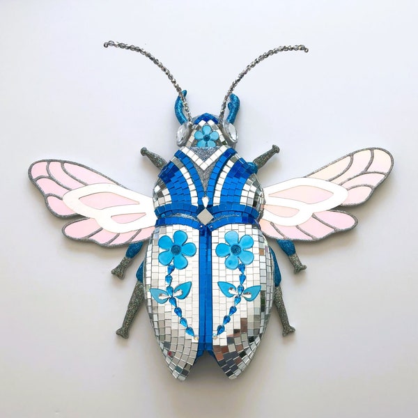 Blue Flower Disco Beetle | Maximalist Mirror Bugs | Funky 3D Insect Sculpture | Dopamine Wall Decor