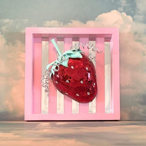 Striped Disco Strawberry | 3D Mirror Wall Art | Framed Funky Fruit Sculpture | Maximalist Pop Art