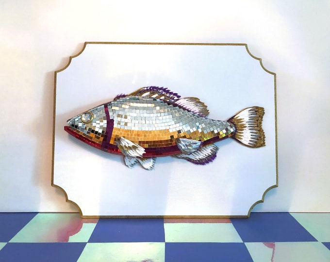 Mounted Disco Fish | Coastal Mirror Ball Mounted Fish | Mosaic Beach Dopamine Decor | Funky Maximalist Art