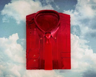 Red Disco Button-down Shirt Wall Sculpture | Mirrored Monochromatic Art | Metallic Dopamine Decor