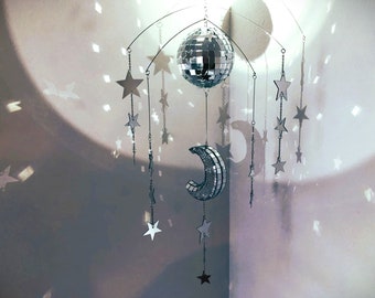 Disco Moon and Stars Mobile | Celestial Mirror Art | Funky Maximalist Suncatcher