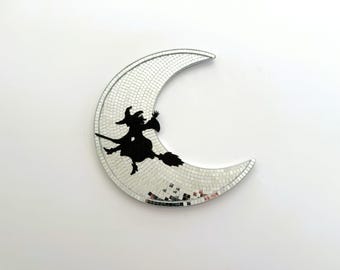 Disco Cresent Moon Witch | Spooky Flying Witch Silhouette | Halloween Mirror Wall Decor