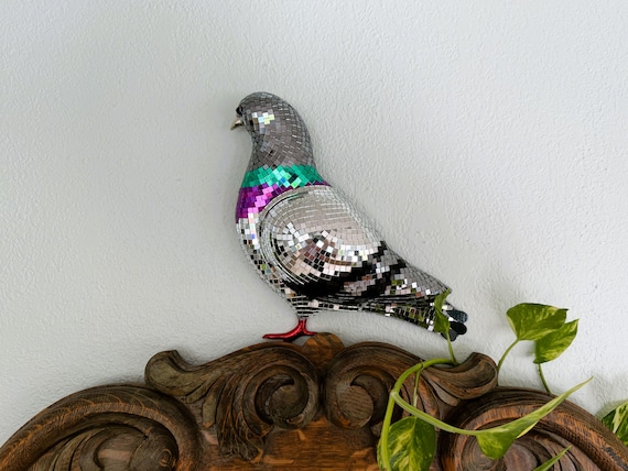 Disco Pigeon Sculpture | Funky Mirrored Bird Wall Art | Maximalist Dopamine Decor | NYC