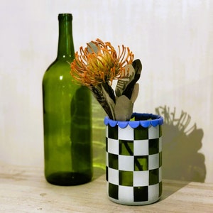 Multiuse Checkered Vessel | Candle Holder | Upcycled Vase | Wine Bottle Planter | Desk Organization