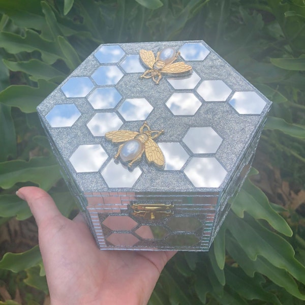 Mirror Bumble Bee Jewelry Box | Disco Honeycomb Stash Container | Hexagon Trinket Catch All | Funky Maximalist | Dopamine Decor