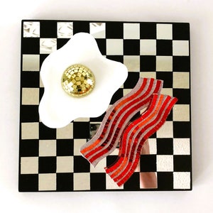 Disco Eggs and Bacon | Checkered Funky Food Decor | 3D Maximalist Breakfast Pop Art