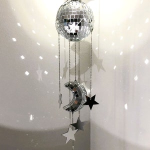 Celestial Disco Mobile | Mirror Moon and Star | Spinning Disco Suncatcher