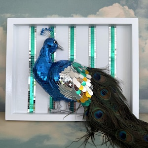 Disco Peacock | Framed Mirror Sculpture | Striped Dopamine Decor | Funky Maximalist Animal Art