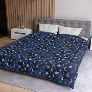 Blue Moon and Star Microfiber Duvet Cover, Bedding Set, Bedroom Decor, Celestial Theme, Night Sky Bedspread, Lunar Eclipse Bedding