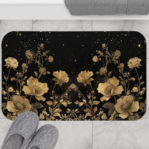 Black and Gold Floral Bath Mat - Elegant Bathroom Decor, Non-Slip Shower Rug, Luxury Home Accessories, Botanical Bath Mat, Stylish Floor Mat