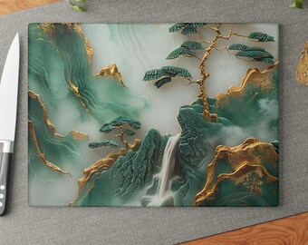 May include: An abstract art print in green and gold featuring a waterfall cascading down a mountain range. The print has a textured, 3D effect.