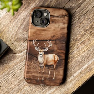 Deer on Wood Digital Background Tough Cases for Apple iPhone, Samsung Galaxy and Google Pixel Deer Lovers Rustic Design Dad Gift for Him